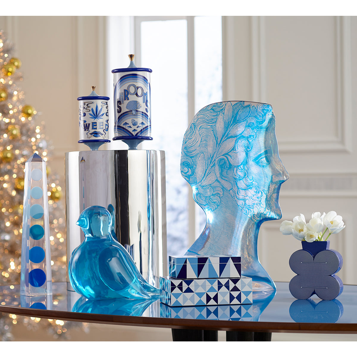 druggist canisters with blue decor collection - styled view