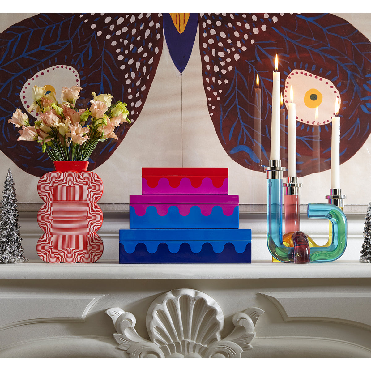 pompidou acrylic candle holder ripple box stacked holiday mantle - styled view