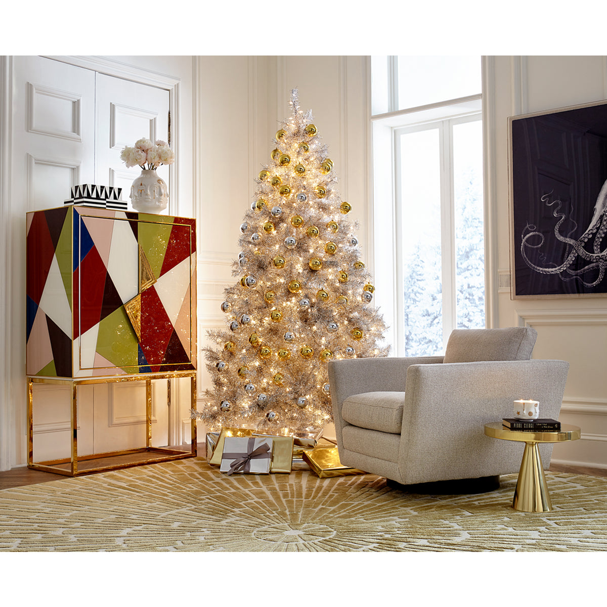 gilded muse candle hans pedestal table sebastian swivel chair christmas tree - styled view