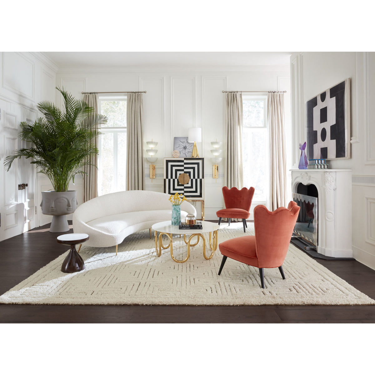 ether curved sofa scalinatella cocktail table ripple slipper chair - styled view