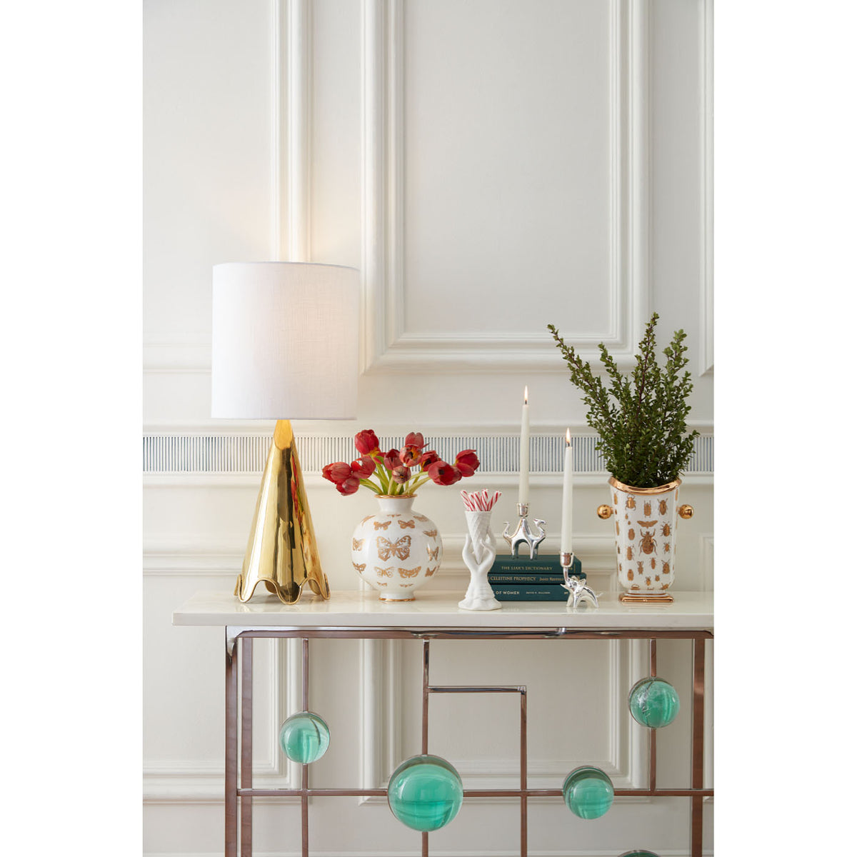 botanist vases brass ripple table lamp globo fretwork console - styled view