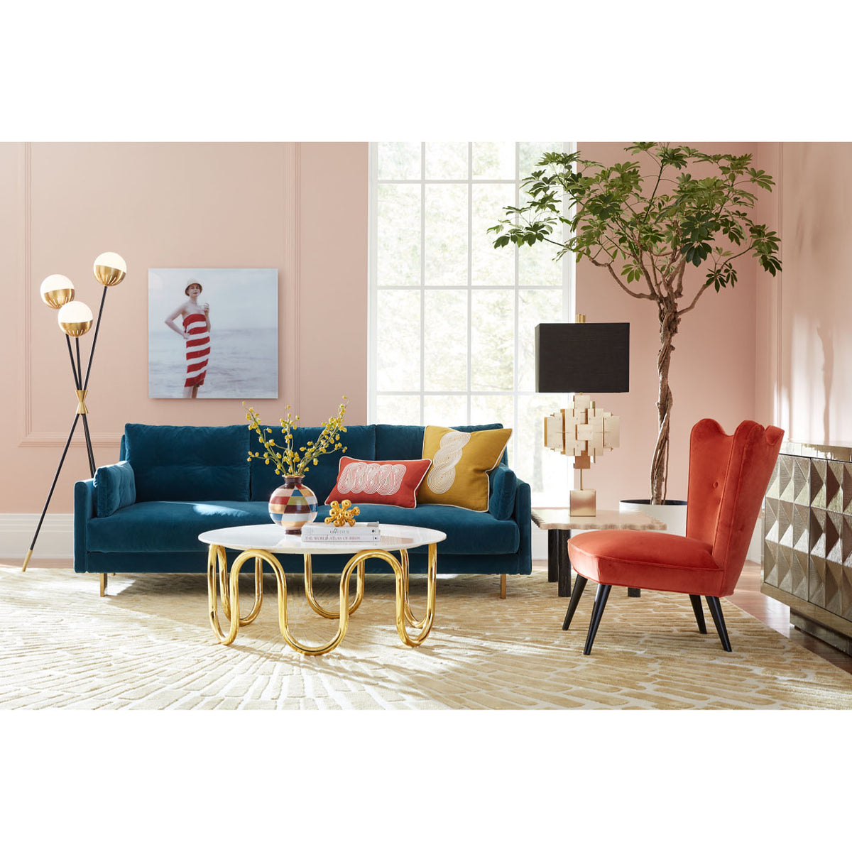 scalinatella cocktail table malibu sofa ripple slipper chair - styled view