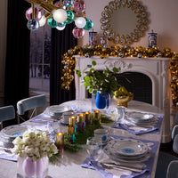 druggist shroom canister porcelain blue accents gold - holiday dining scene shot