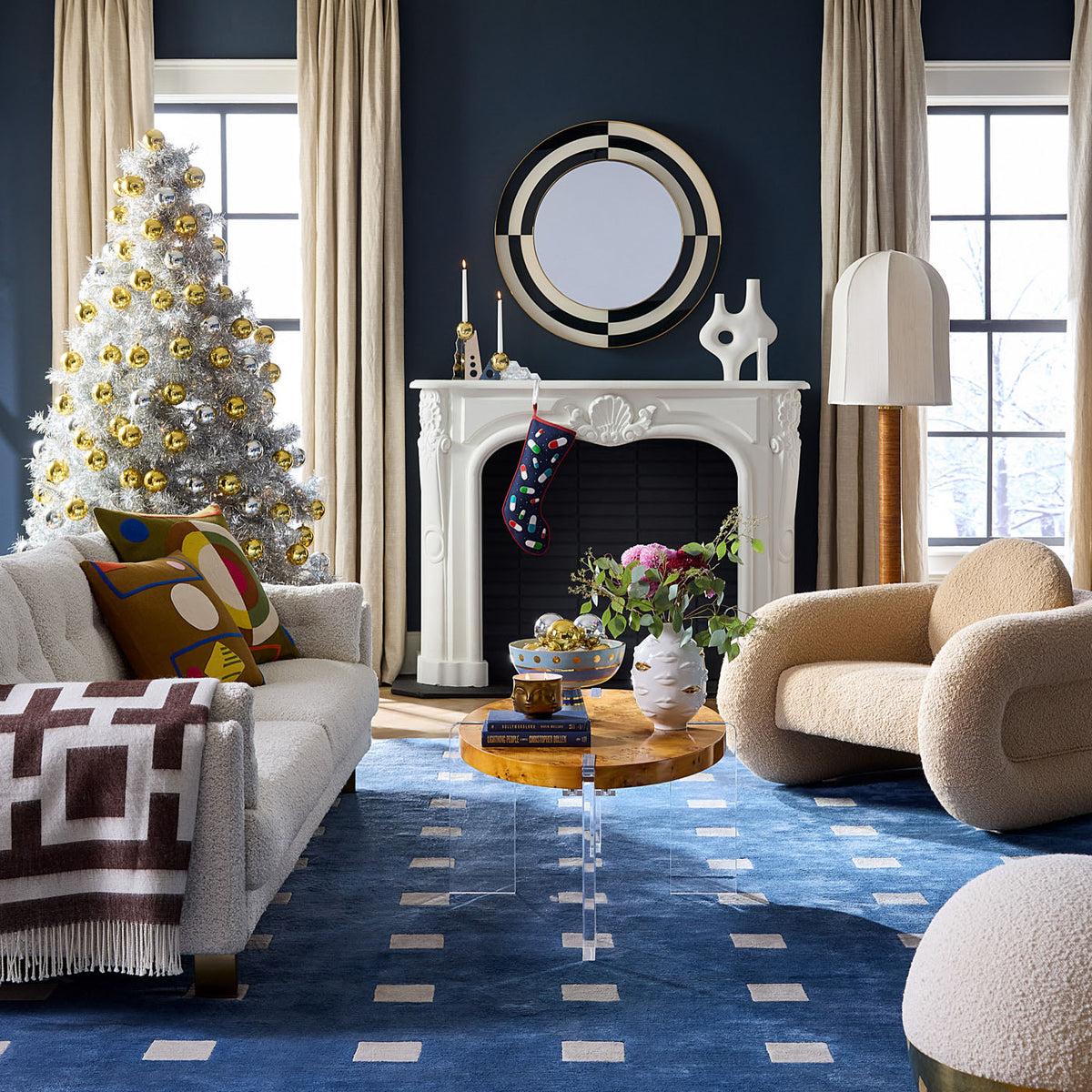 small squares hand knotted rug with malibu sofa