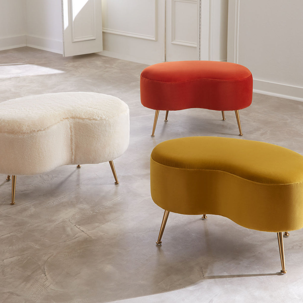 kidney ottoman shearling white brass legs - angle top view
