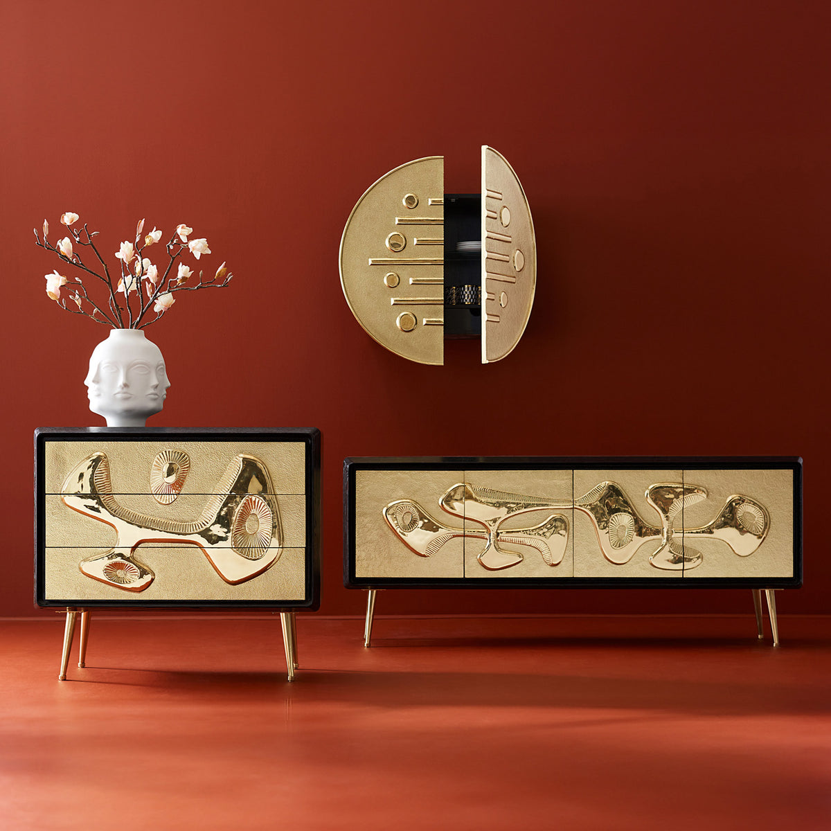 reform three-drawer dresser ebonized oak wood hand-hammered brass doors brass legs - collection view