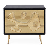 reform three-drawer dresser ebonized oak wood hand-hammered brass doors brass legs - front view