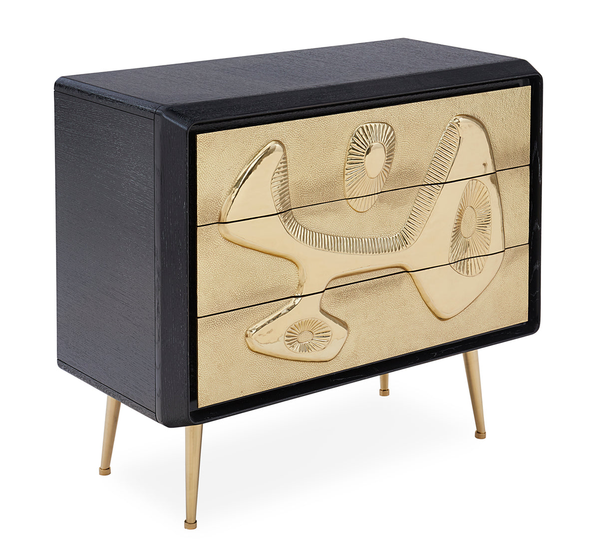 reform three-drawer dresser ebonized oak wood hand-hammered brass doors brass legs - angle view