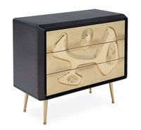 reform three-drawer dresser ebonized oak wood hand-hammered brass doors brass legs - angle view