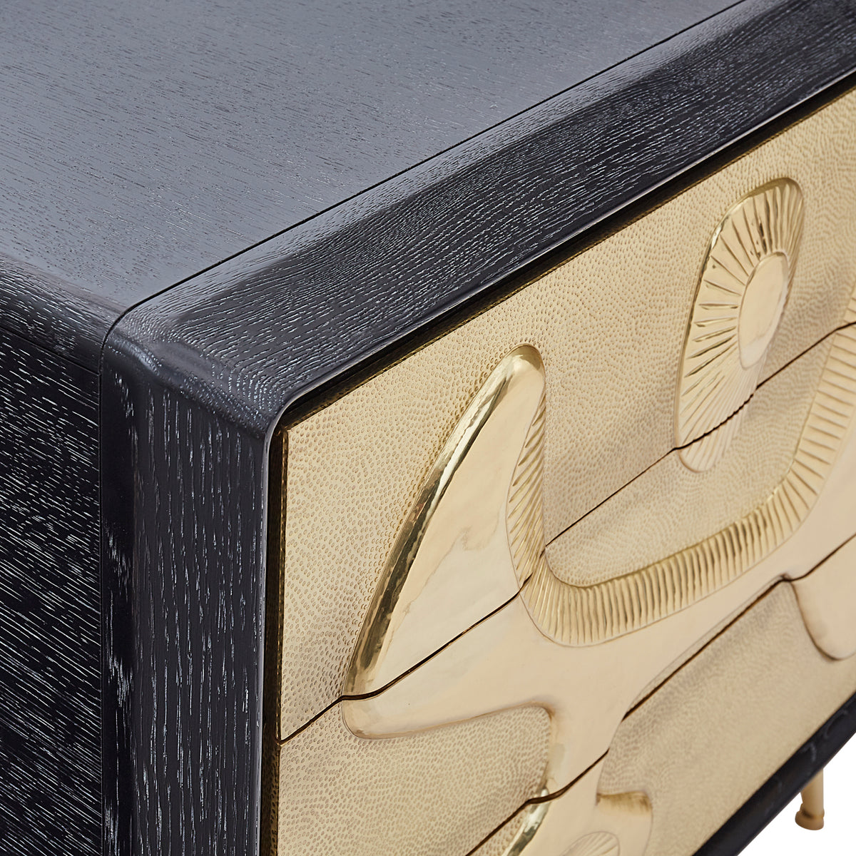 reform three-drawer dresser ebonized oak wood hand-hammered brass doors brass legs - detail view