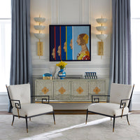 delphine credenza petal mirror balloon vases vignette - styled view