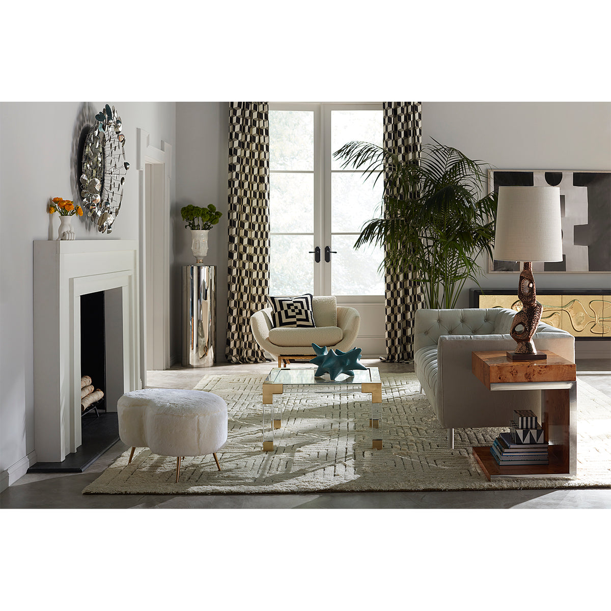 bond cantilevered side table baxter sofa jacques cocktail table kidney ottoman living room - styled view