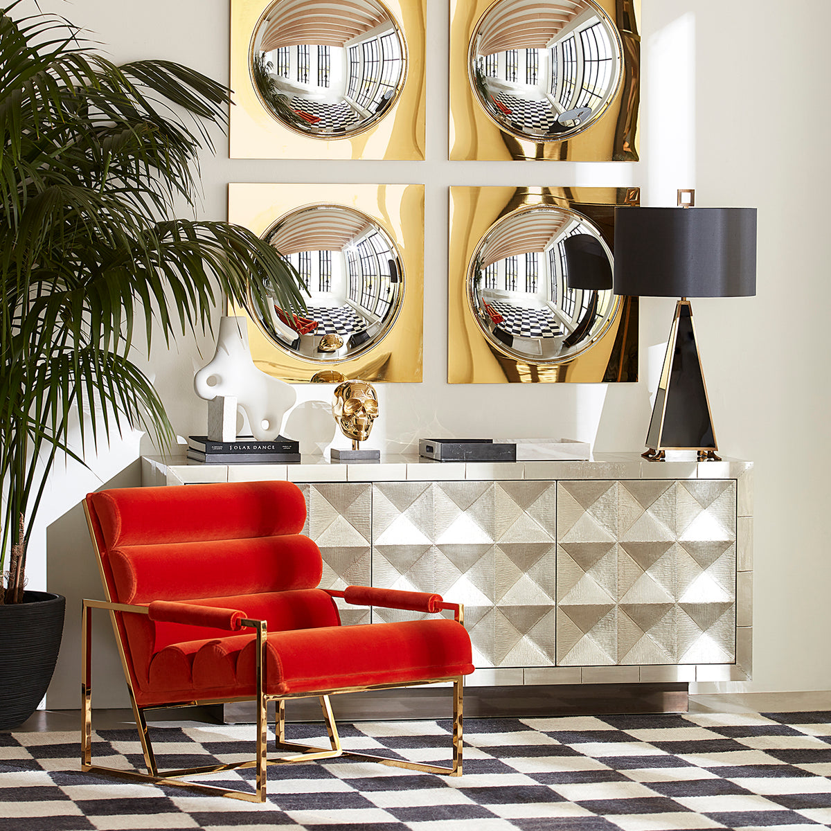 globo convex mirrors talitha credenza channeled goldfinger lounge chair - styled view