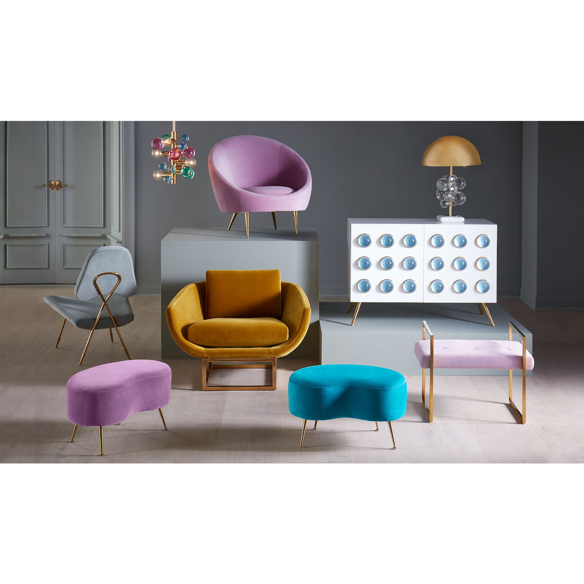 globo table lamp clear maxime kidney beaumont ether velvet seating - styled view