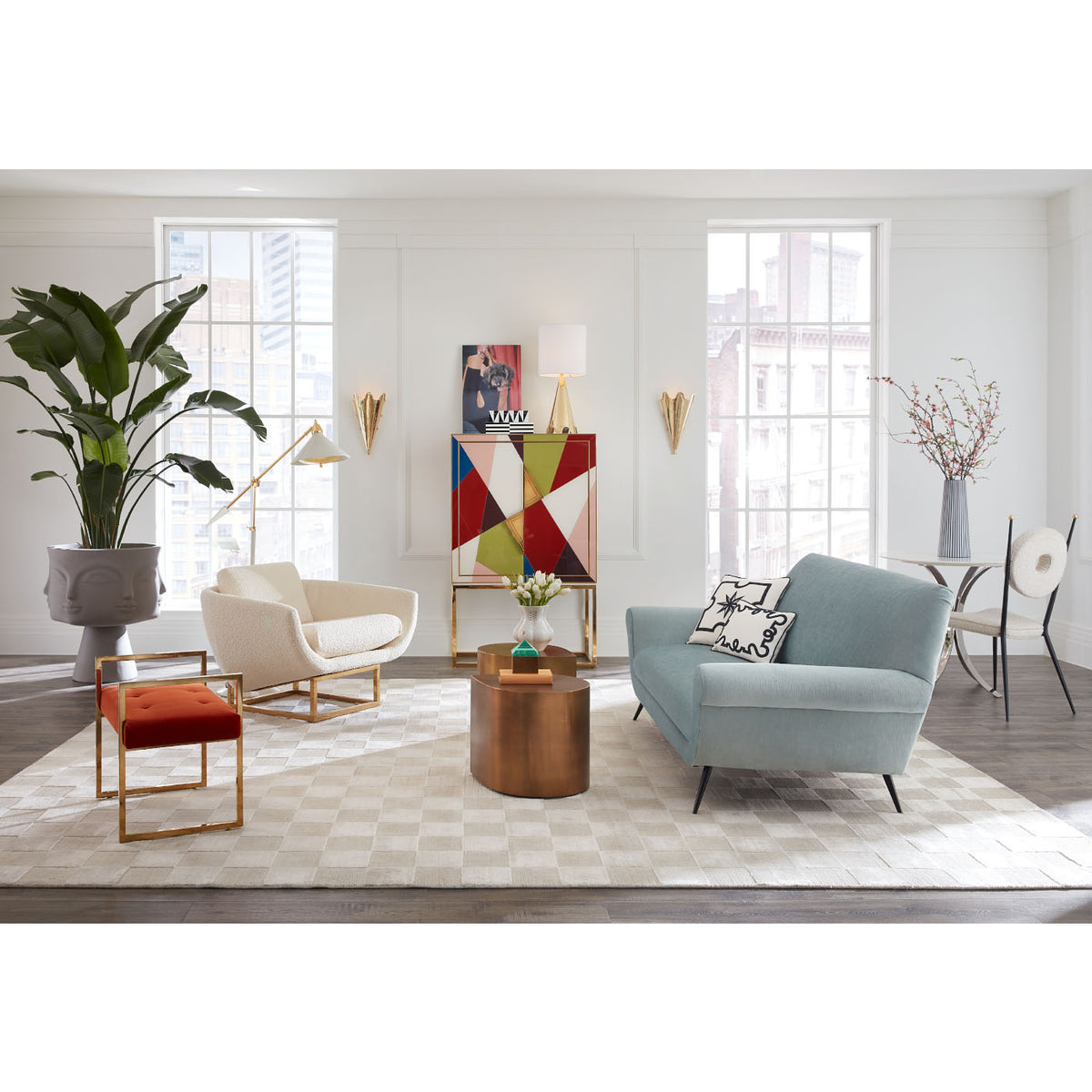 checkerboard hand-loomed rug ivory - styled view 1