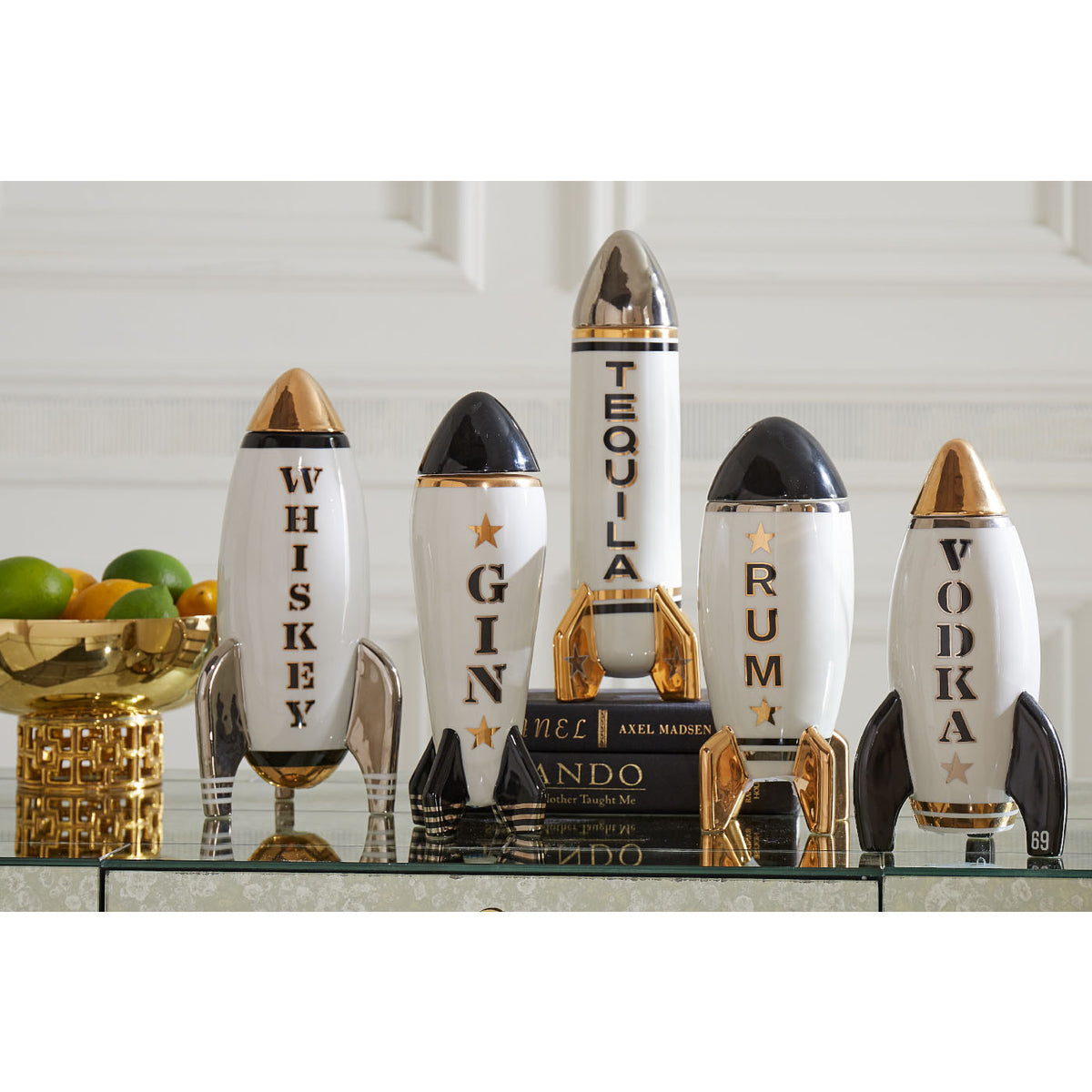 tequila rocket decanter porcelain black gold silver - angle view