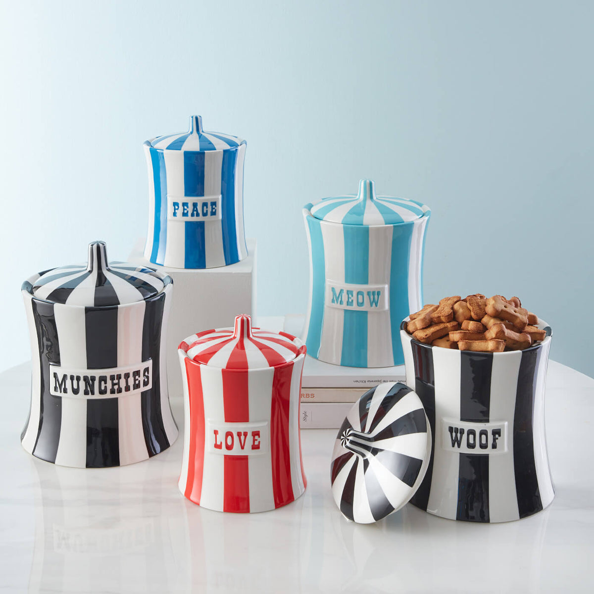 vice canister collection love peace munchies woof meow - styled view