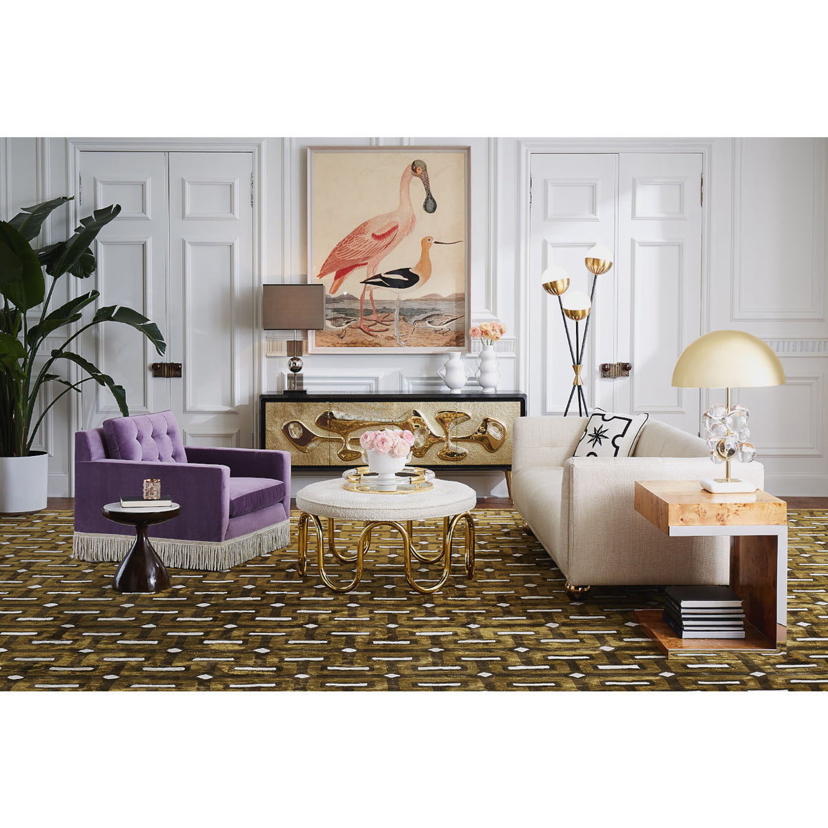 bond cantilevered side table wright lounge chair with bullion fringe scalinatella ottoman - styled view
