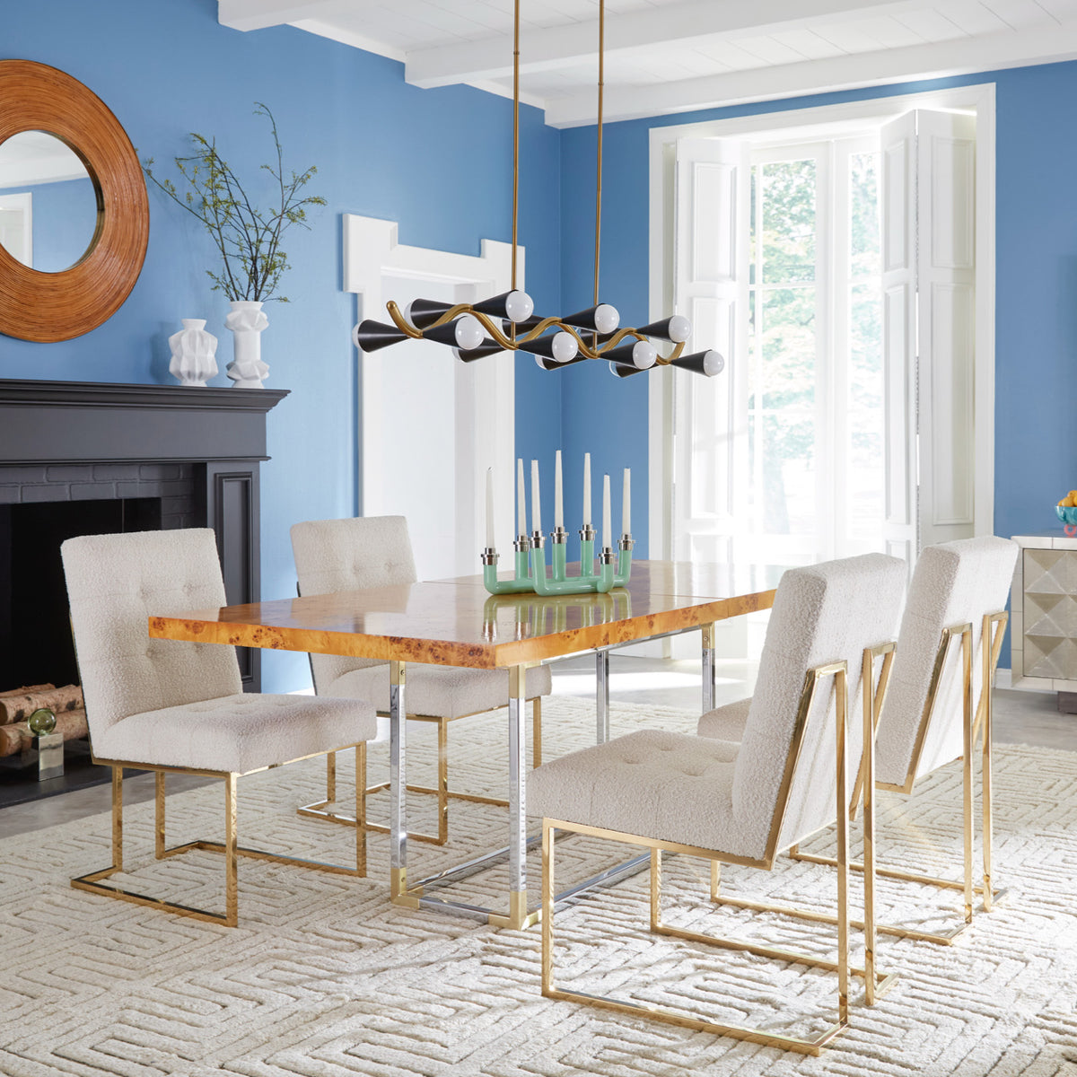 bond dining table goldfinger dining chairs caracas wave chandelier - styled view