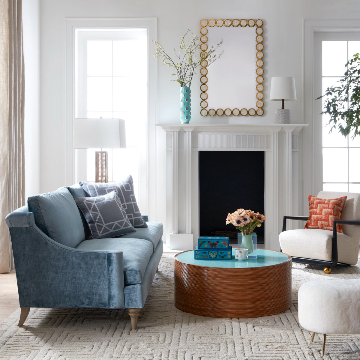 rings mirror kensington sofa large riviera cocktail table - styled view
