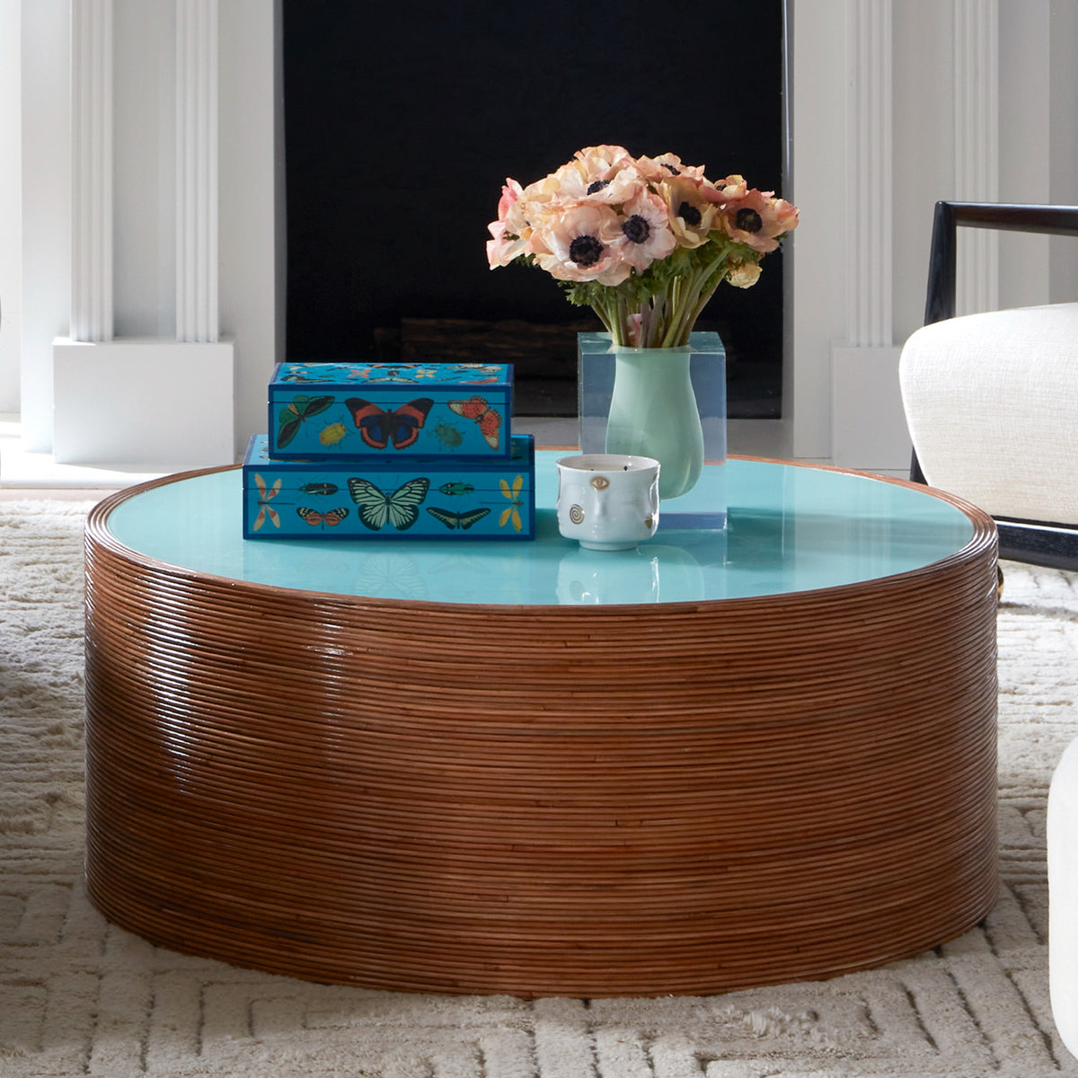 botanist lacquer boxes bel air scoop vase gilded muse candle large riviera cocktail table - styled view