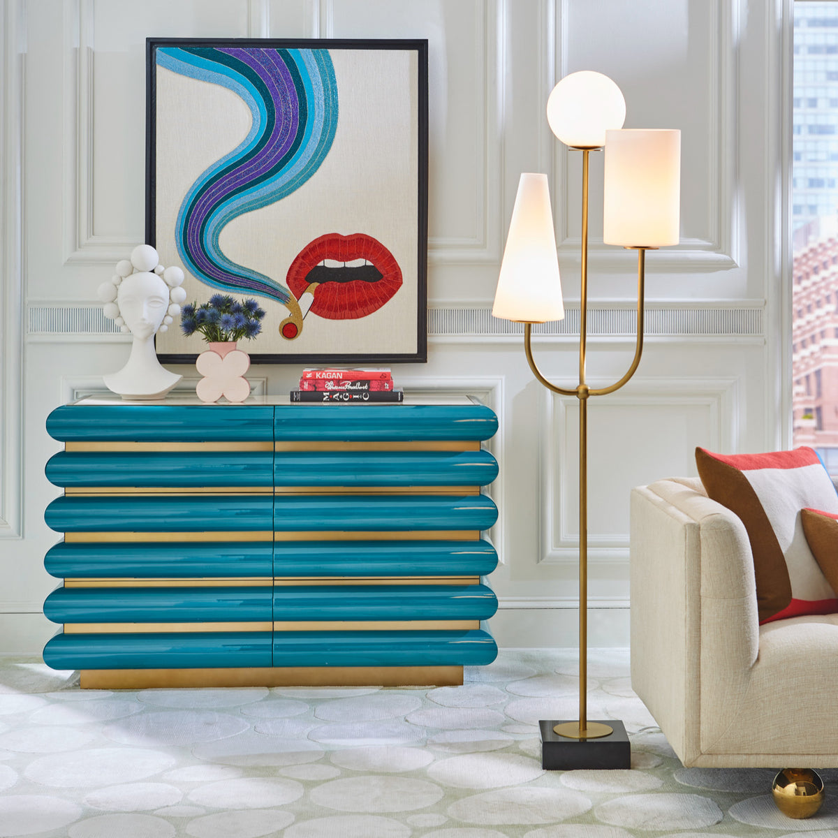 paradiso floor lamp smolder beaded wall art kiki six drawer console - styled view