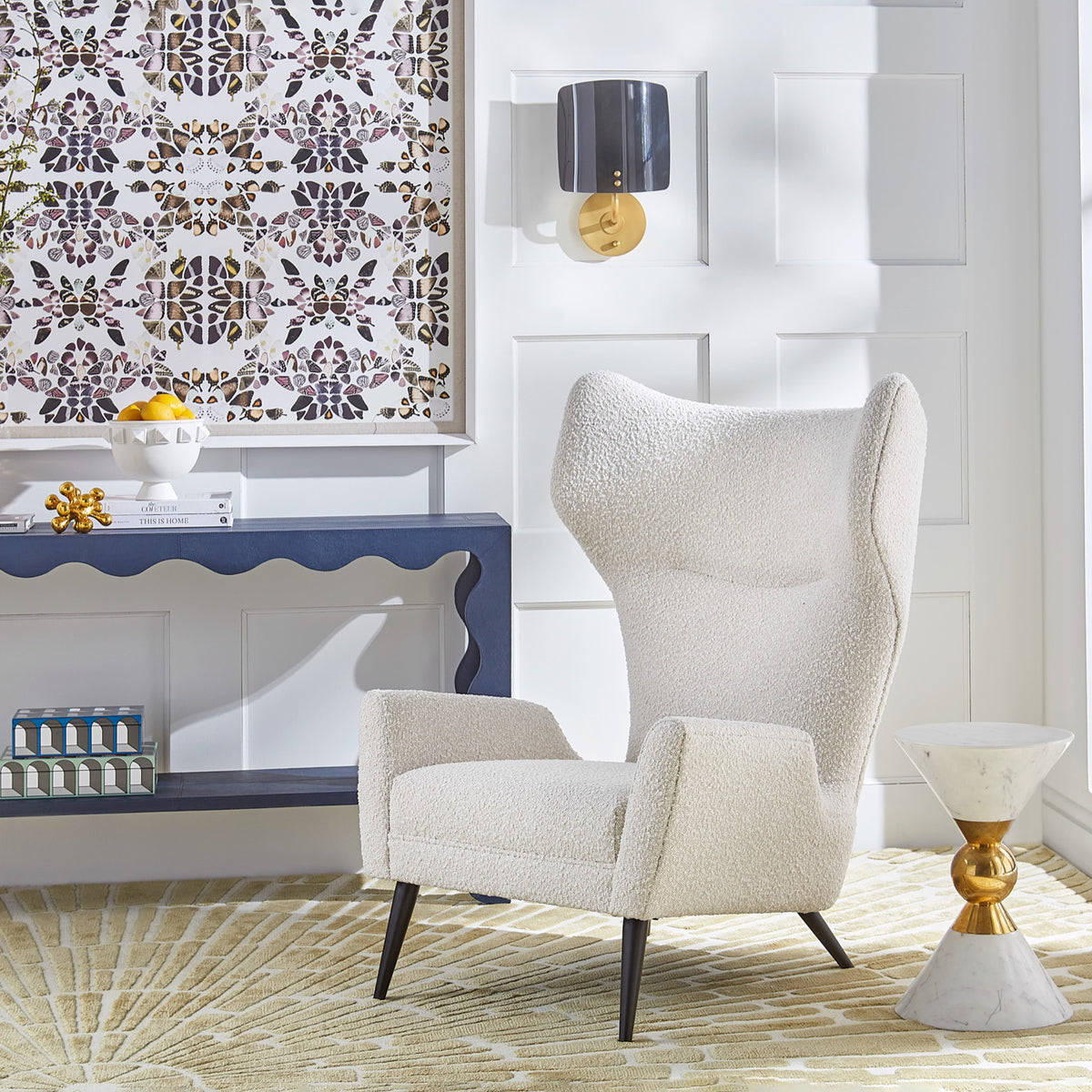 canaan accent table milano wing chair flow leather console - styled view