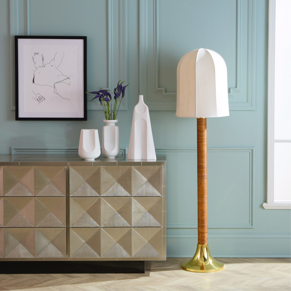 talitha six drawer console arco vases riviera dome floor lamp - styled view