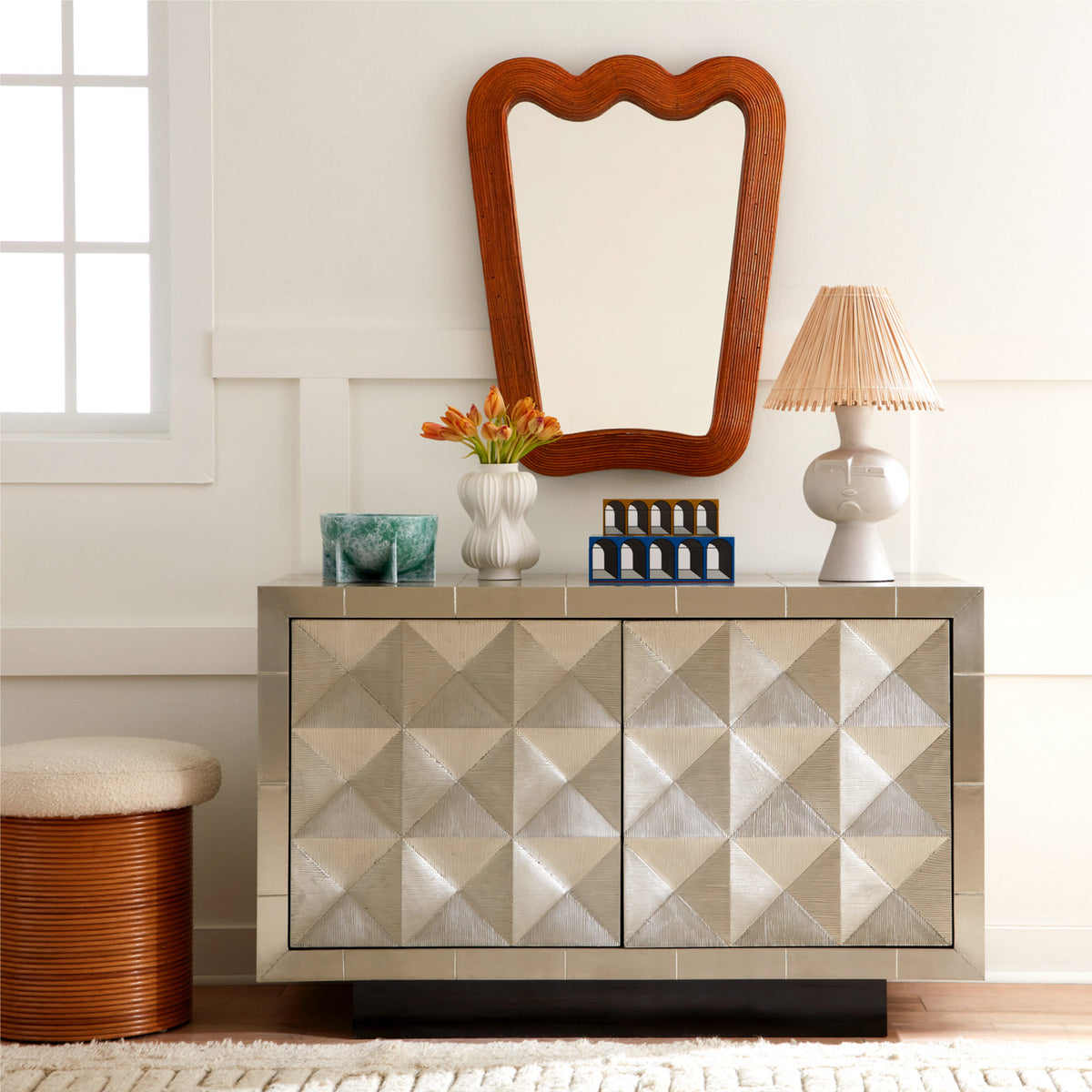 medium balloon vase riviera ripple mirror talitha two door console - styled view