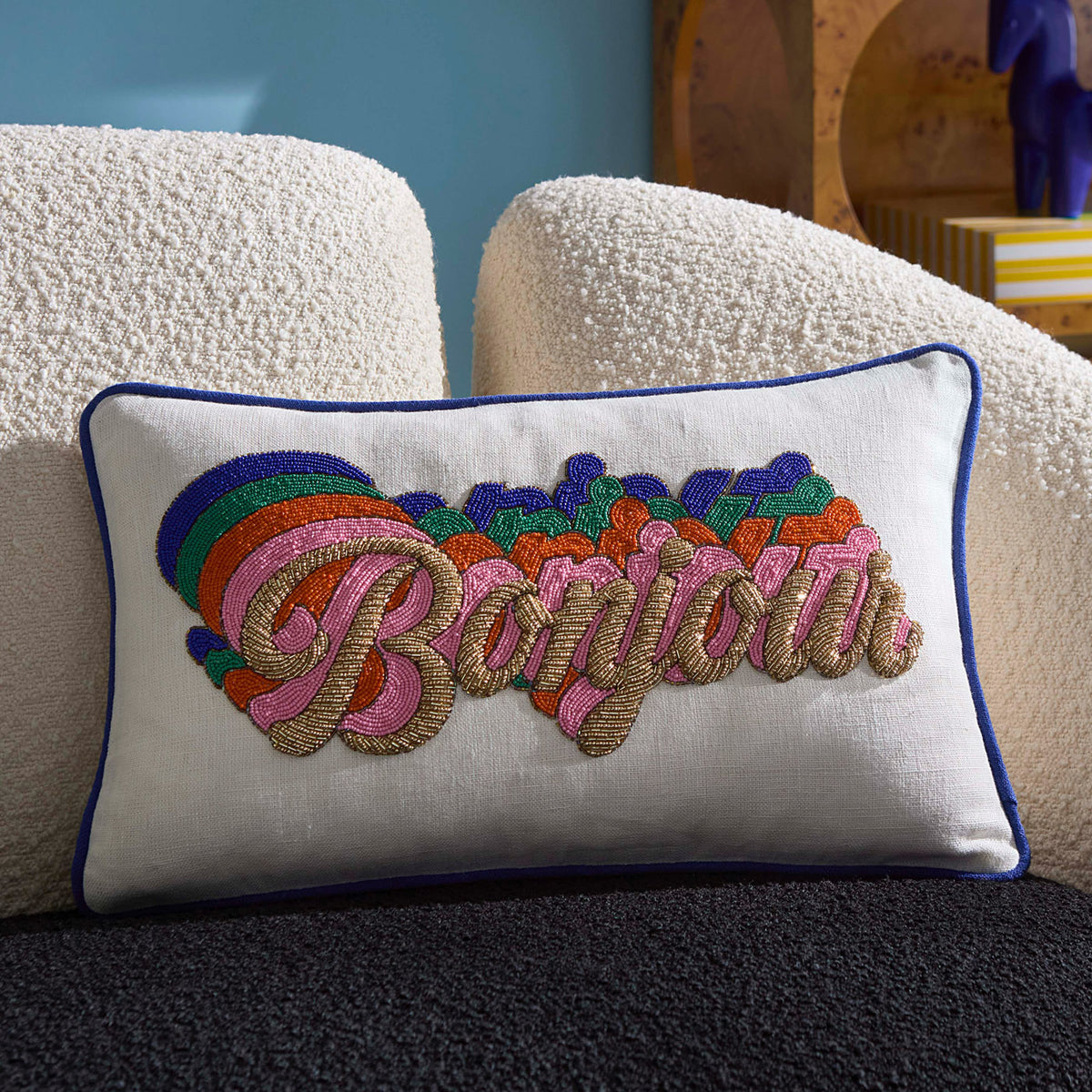 Bonjour Beaded Pillow - styled view