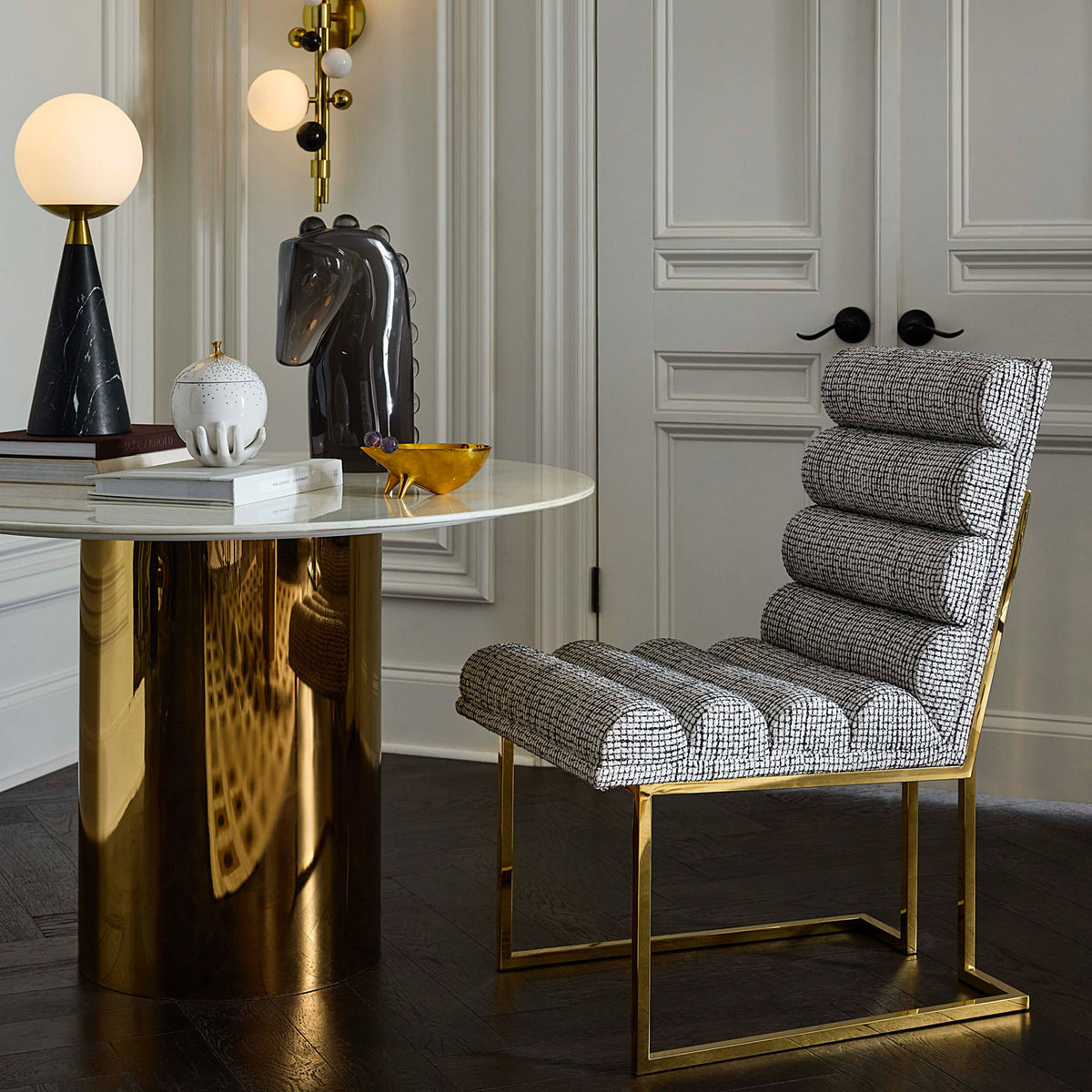 Acrylic Horse Objet with Channeled Goldfinger Dining Chair