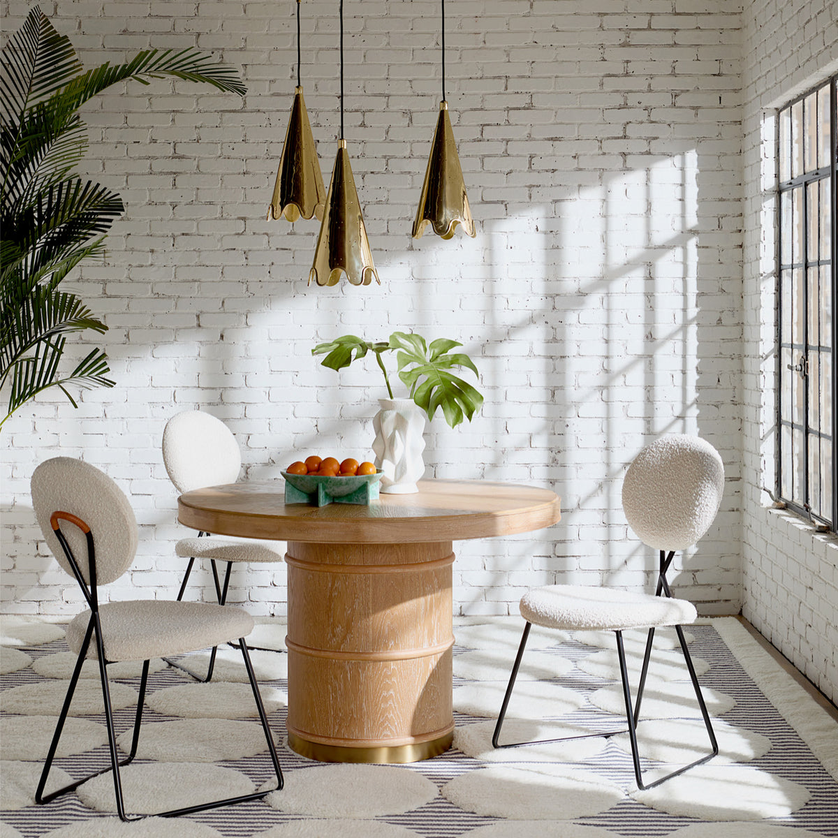 brussels extension dining table caprice dining chairs brass ripple pendants - styled view