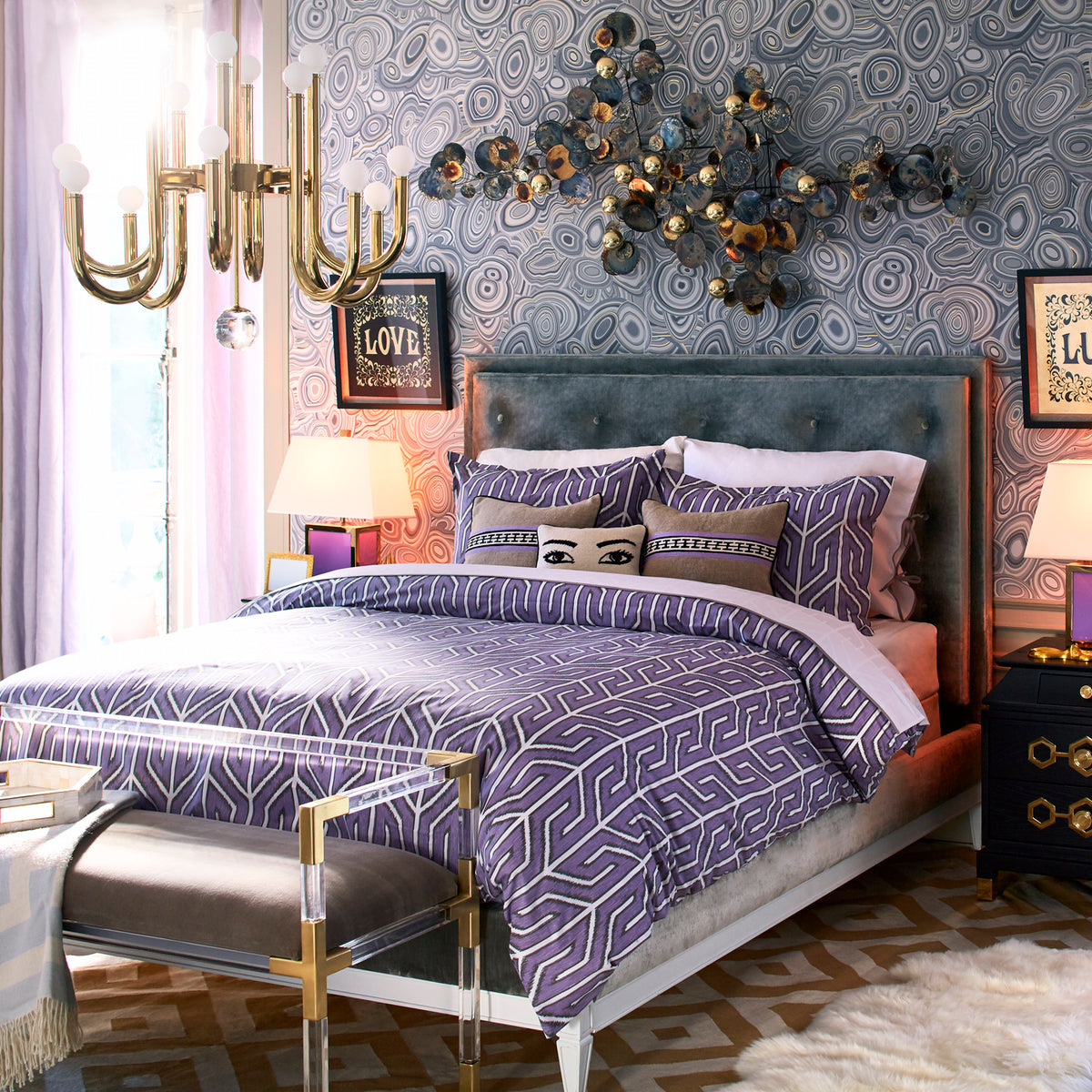jacques bench lampert bed queen bedroom - styled view