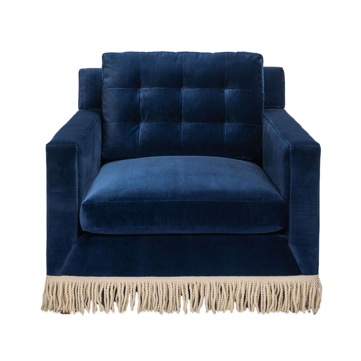 Navy Velvet Lounge Chair with Fringe Side View
