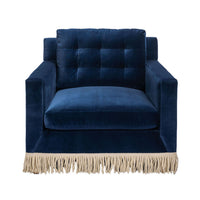 Navy Velvet Lounge Chair with Fringe Side View