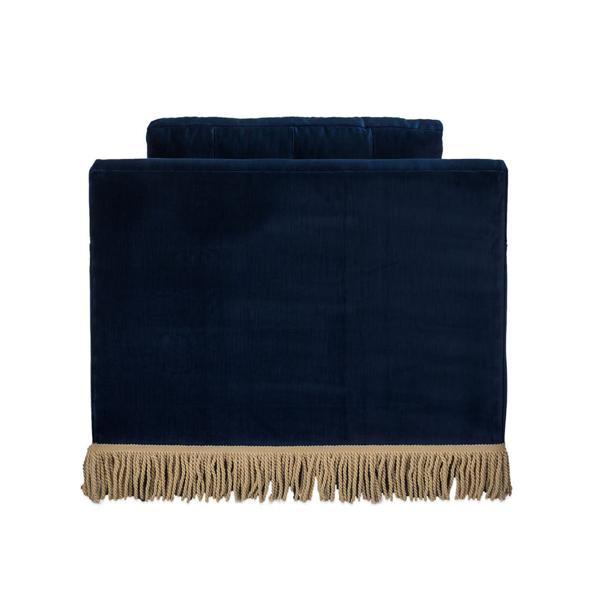 Navy Velvet Lounge Chair with Fringe Back Angle View
