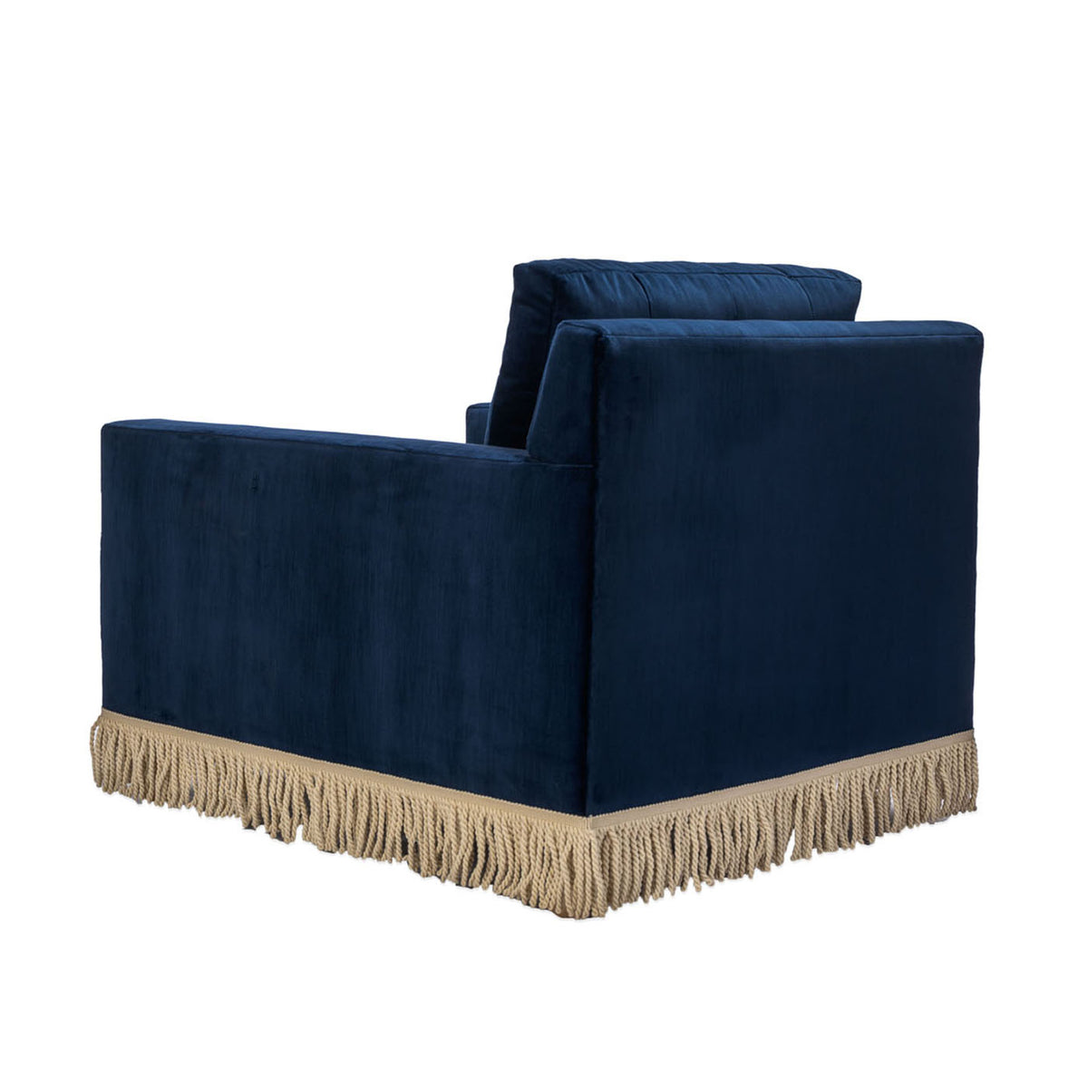 Navy Velvet Lounge Chair with Fringe Detail View
