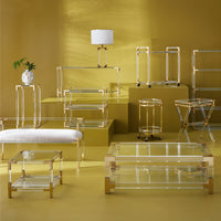 jacques grand cocktail table glass top clear acrylic brass frame - side view