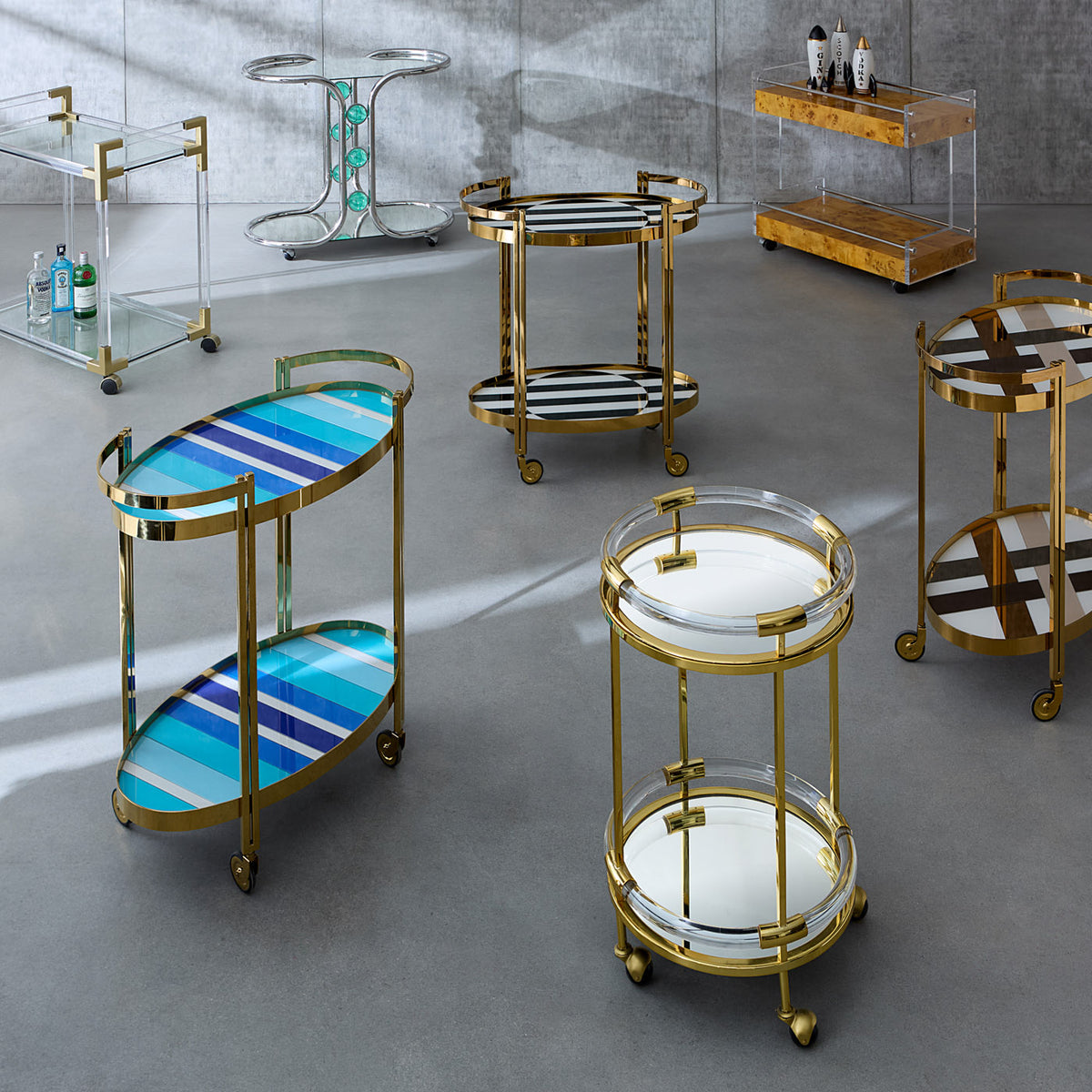 jacques round bar cart acrylic clear frame brass