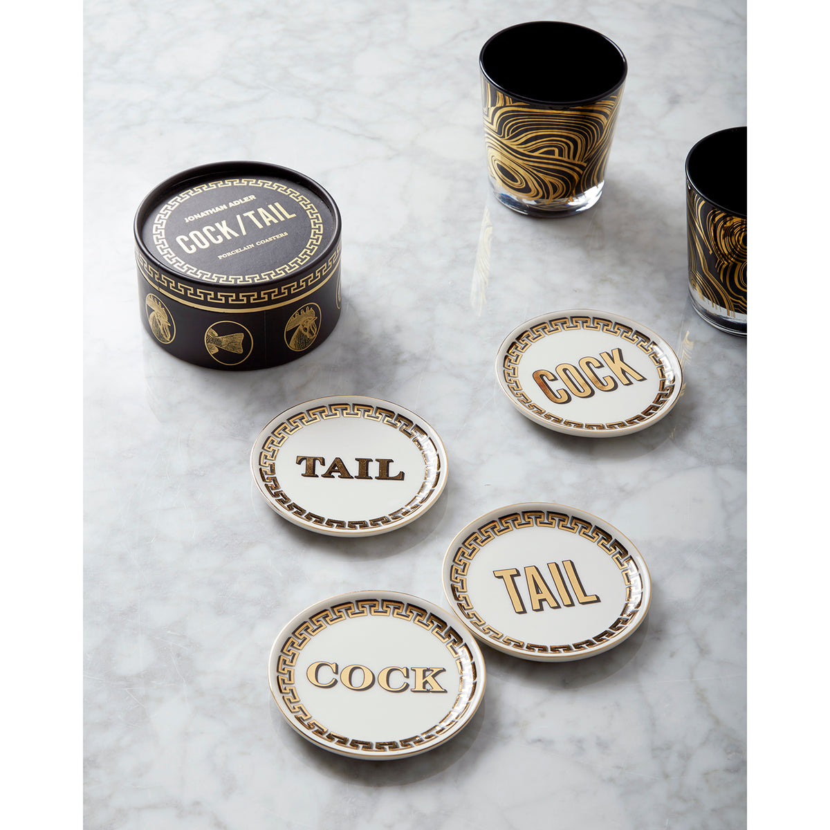cock/tail coasters porcelain gold white with box - styled view