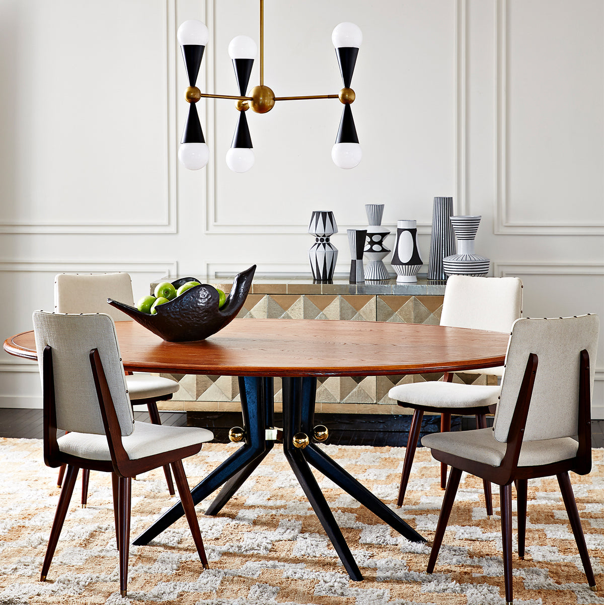 caracas six-light chandelier trocadero dining table camille dining chairs - styled view