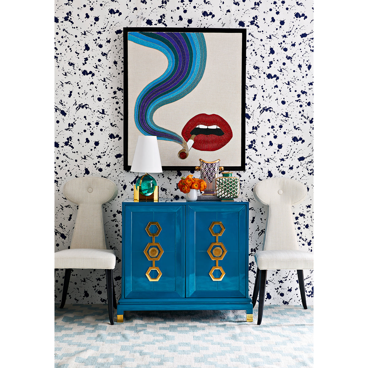 smolder beaded wall art turner cabinet vera dining chairs - styled view