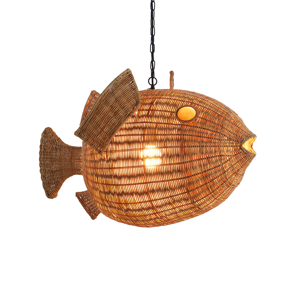 Wicker Blow Fish Pendant Medium - light on details view