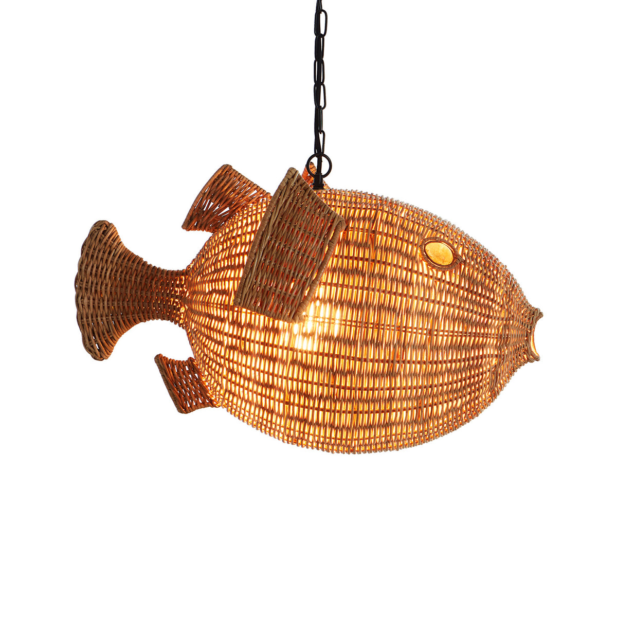 Wicker Blow Fish Pendant Small - light on angle view
