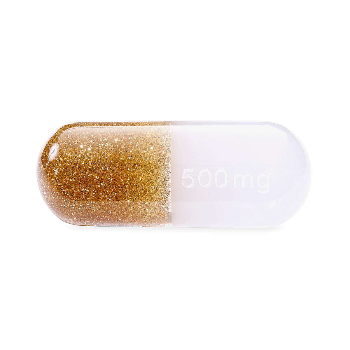 large acrylic pill gold glitter - front view