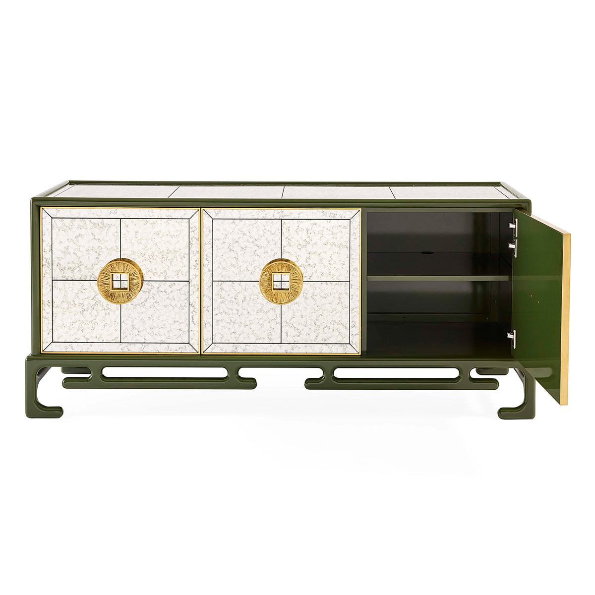 Decorative cabinet with green frame and white panels featuring gold circular designs on a white background.