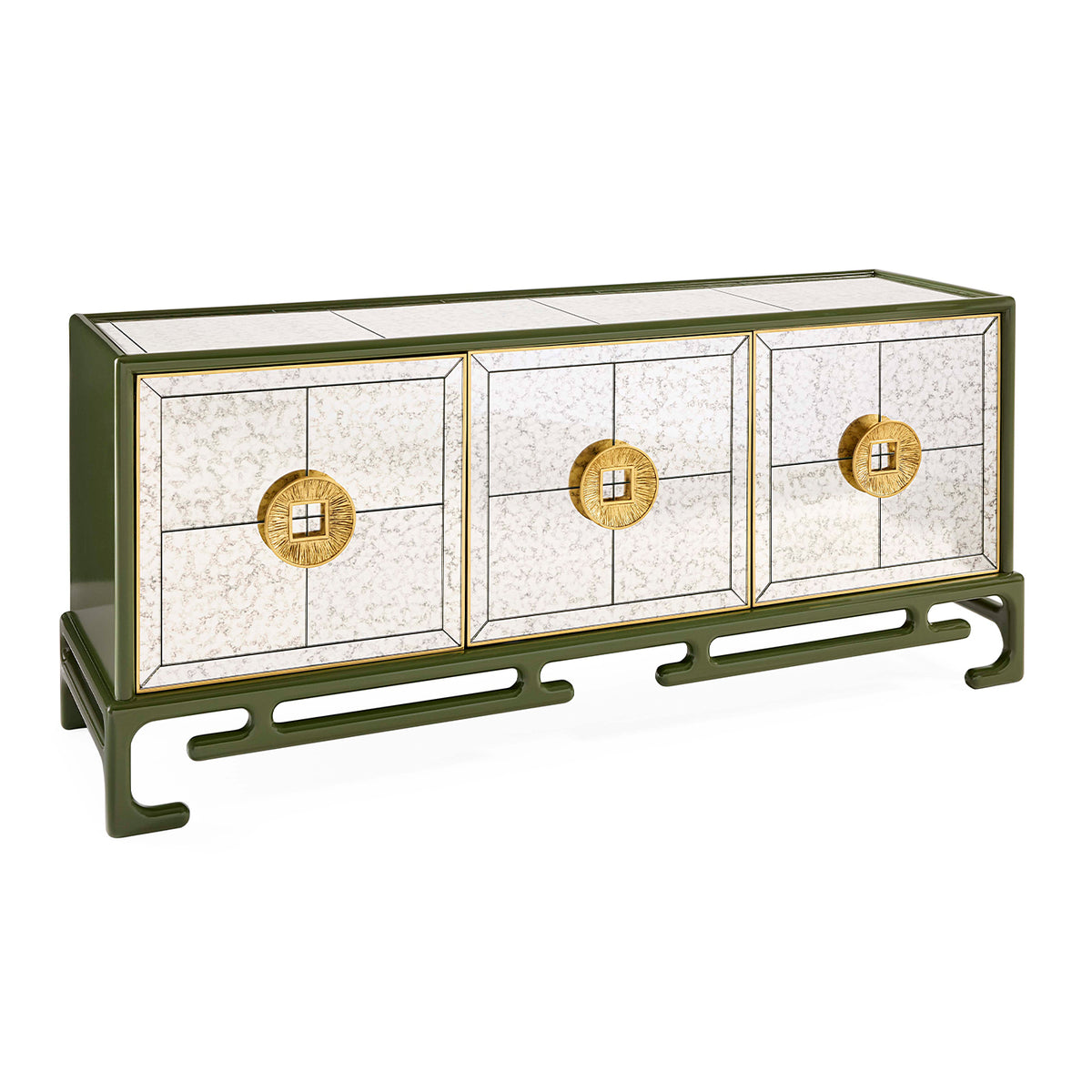 Decorative cabinet with gold circular accents on a white background