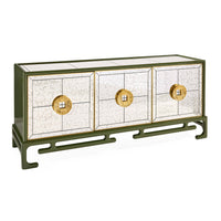 Decorative cabinet with gold circular accents on a white background