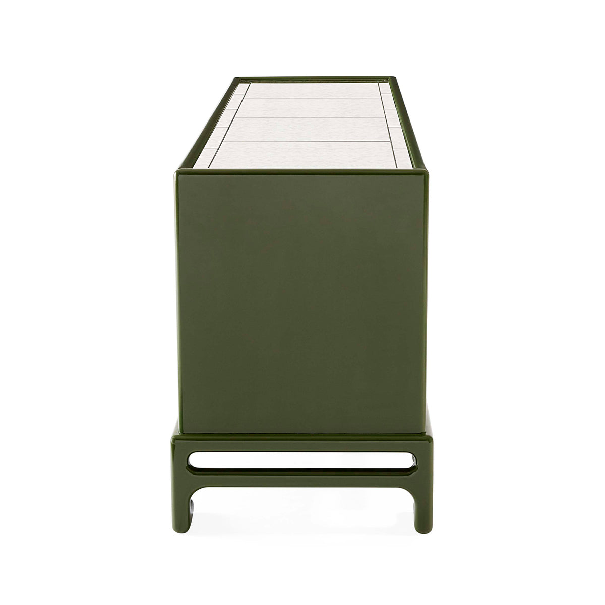 Green metal side table with a white glass top on a white background