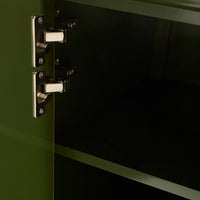 Close-up of a metallic cabinet hinge on a green cabinet door.